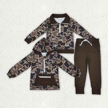 Sibling Baby Boys Deer Camo Zipper Pullovers Pockets Jogger Hunting Clothes Set Hoodies Top