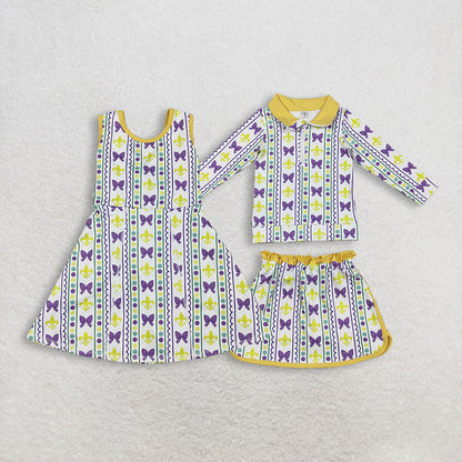 Sibling Baby Girls Mardigras Bows Anchors Stripe Yoga Active Shorts Knee Length Dress Skorts Clothes Sets