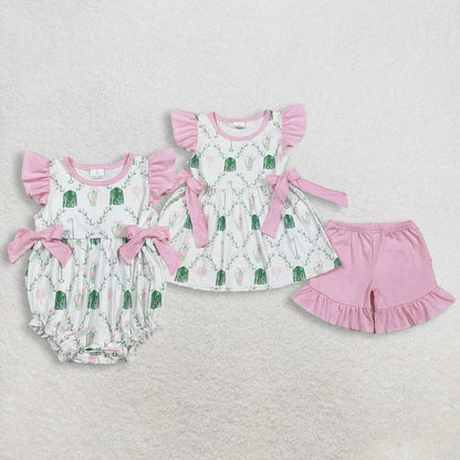Sibling Baby Girls Pink Flower Golf Checked Tunic Ruffle Shorts Clothes Set Rompers