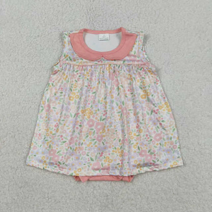 Sibling Baby Girls Sleeveless Peach Flowers Collar Knee Length Dress Tunic Ruffle Rompers