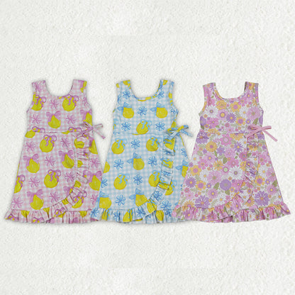 Sibling Baby Girls Pink Blue Checked Bows Lemons Yoga Active Shorts Knee Length Dress
