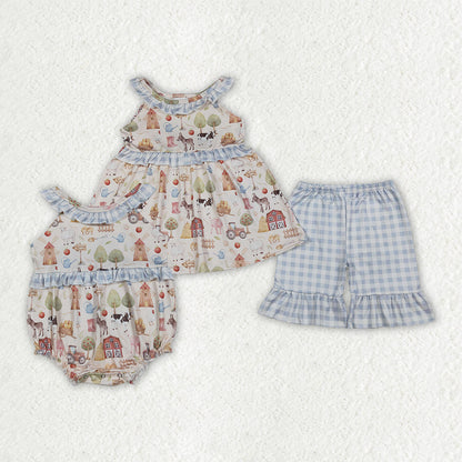 Sibling Baby Girls Pigs Cows Tunic Checked Ruffle Short Farm Clothes Set Rompers