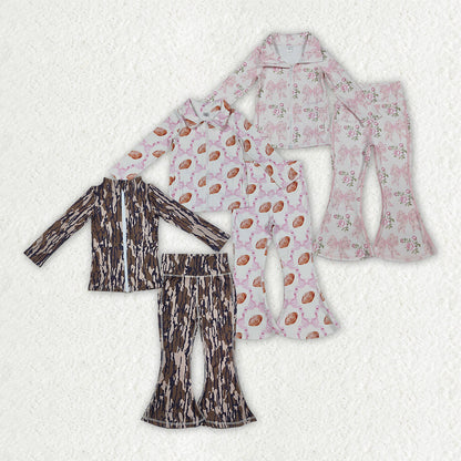Sibling Baby Girls Floral Footballs Camo Pullovers Jeckets Bell Bottom Pants Yoga Active Clothes Sets