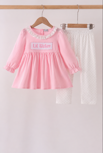 Pink Lil sister embroidery ruffle pants set
