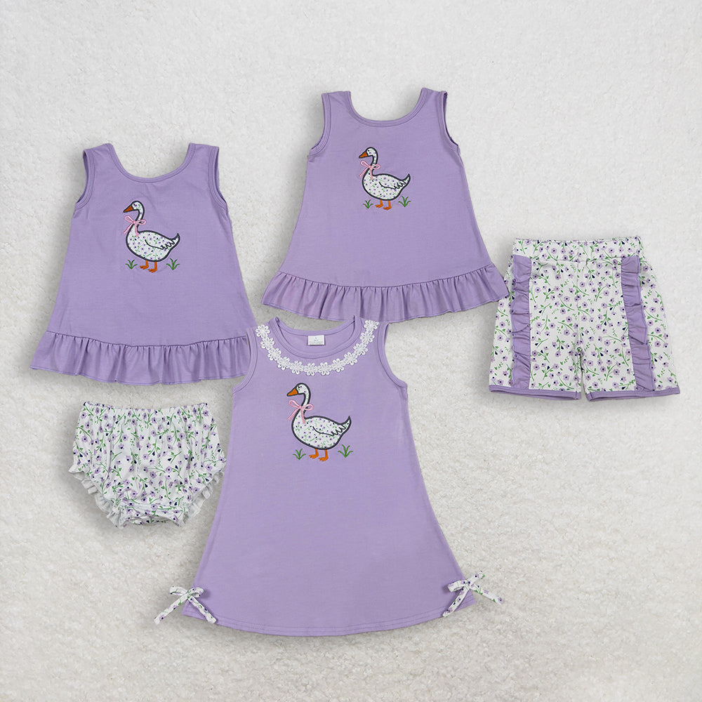 Sibling Baby Girls Embroidery Floral Goose Tunic Ruffle Bummies Shorts Clothes Set Dresses