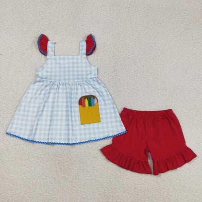 Sibling Baby Boys Girls Embroidery Apple Pencils Pockets Short Back to School Sets