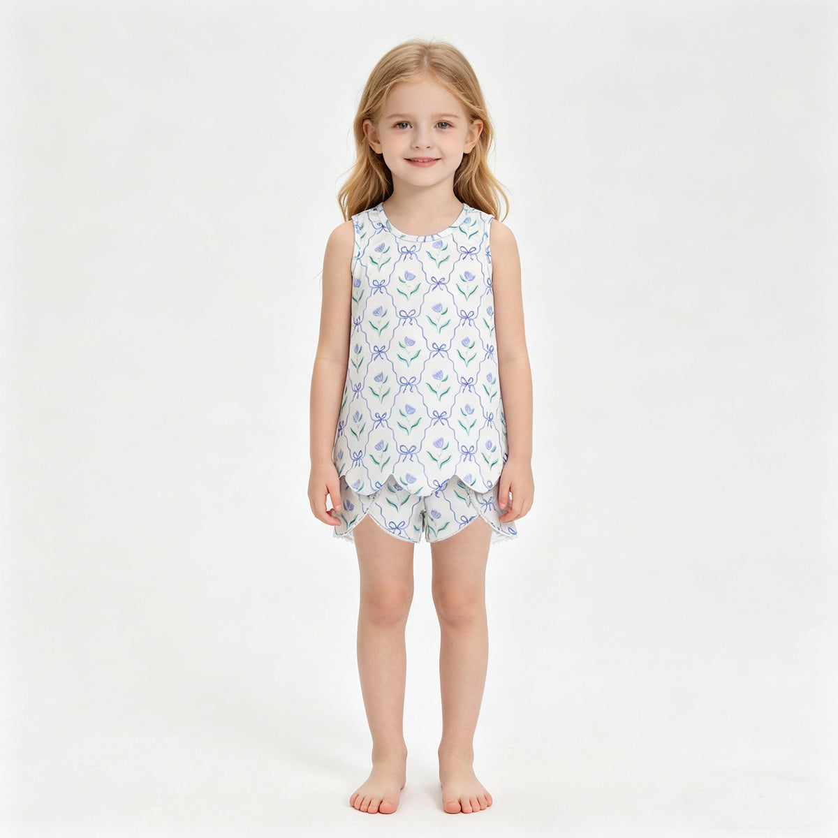 Sibling Baby Girls Colorful Flowers Scallop Tunic Ruffle Short Clothes Sets