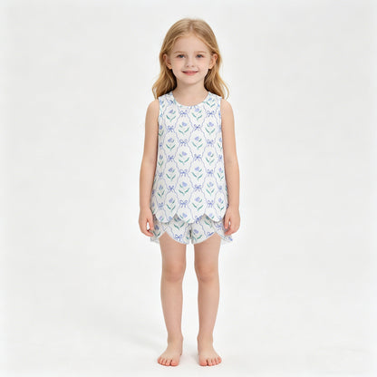 Sibling Baby Girls Colorful Flowers Scallop Tunic Ruffle Short Clothes Sets
