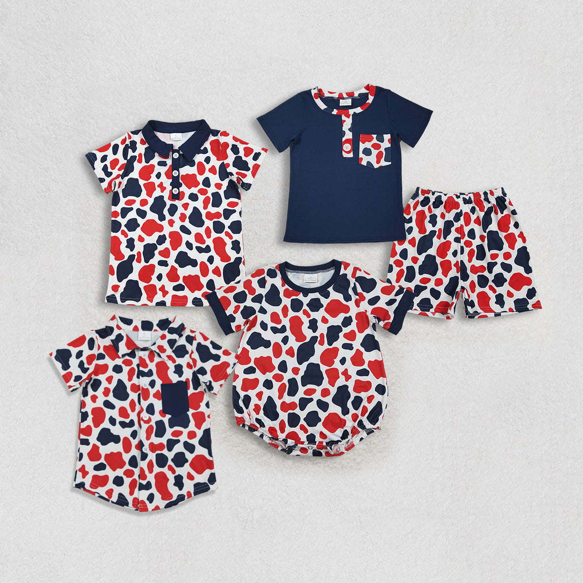 Sibling Baby Boys Red Blue Cow Print Button Tops Shorts 4th of July Clothes Set Rompers