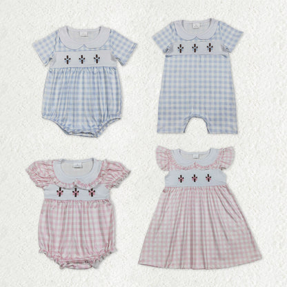 Sibling Baby Kids Embroidery Crosses Easter Checked Collar Knee Length Dress Rompers