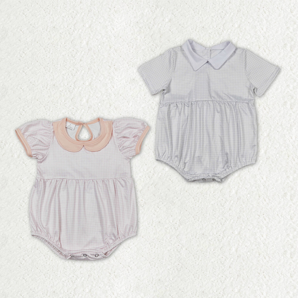 Sibling Baby Boys Girls Pink White Checked Rompers