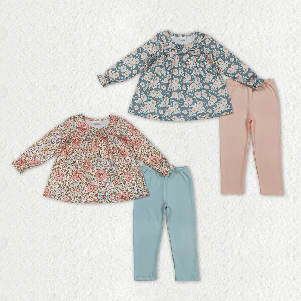 Sibling Baby Girls Colorful Flowers Collar Tunic Legging Pants Clothes Sets