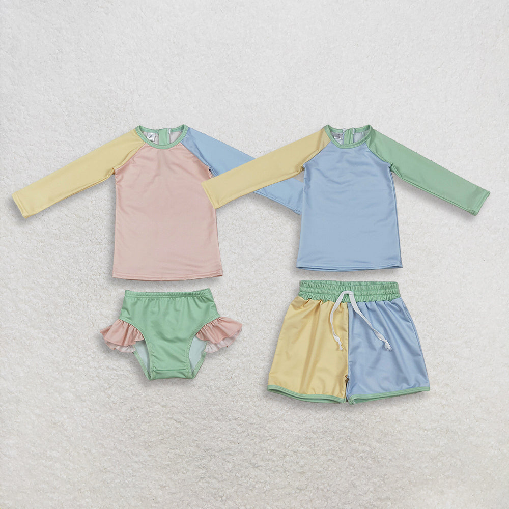 Sibling Baby Kids Patchwork Long Sleeve Back Zip Top Bummies Short Swimsuits