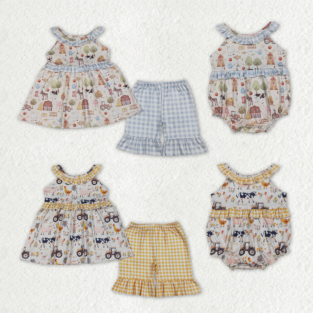 Sibling Baby Girls Sleeveless Pigs Cows Tunic Ruffle Short Farm Clothes Set Rompers