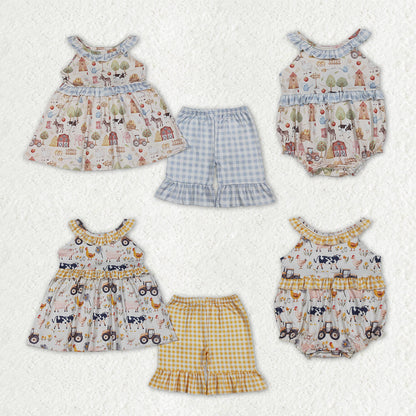 Sibling Baby Girls Sleeveless Pigs Cows Tunic Ruffle Short Farm Clothes Set Rompers