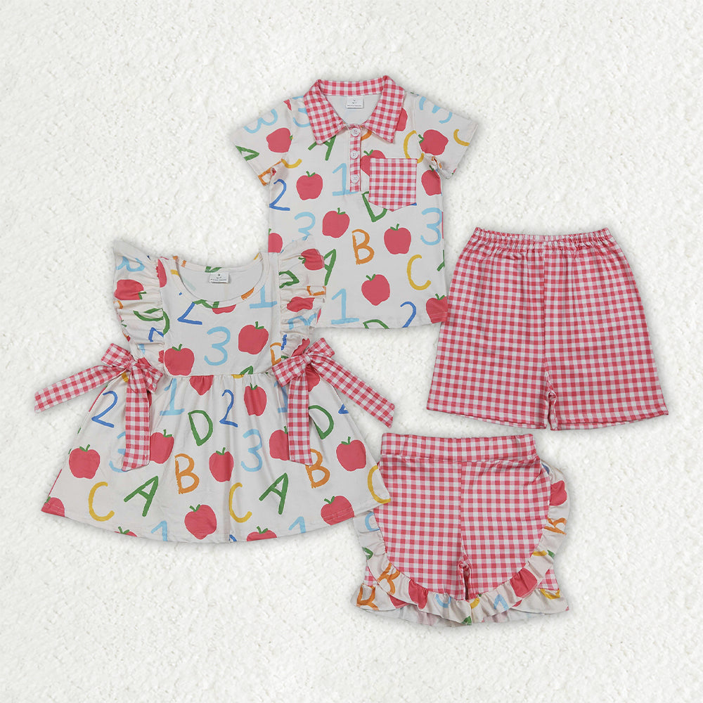 Sibling Baby Boys Girls ABC Apples Polo Tunic Checked Short Back to School Clothes Sets