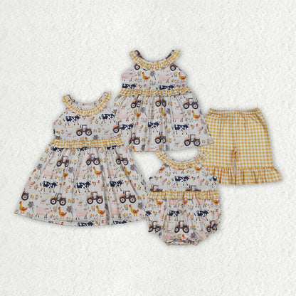 Sibling Baby Girls Pigs Cows Tunic Checked Ruffle Short Farm Clothes Set Rompers