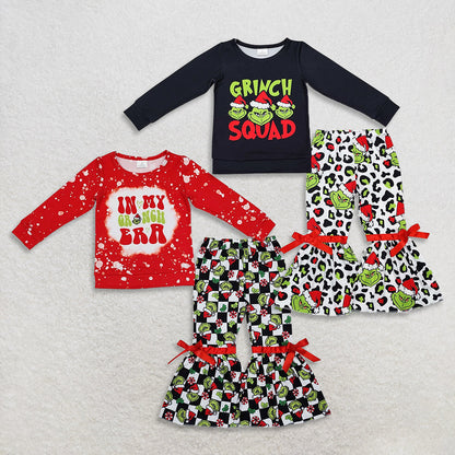 Sibling Baby Girls Christmas Frog Squad Tops Bell Bottom Pants Clothes Sets