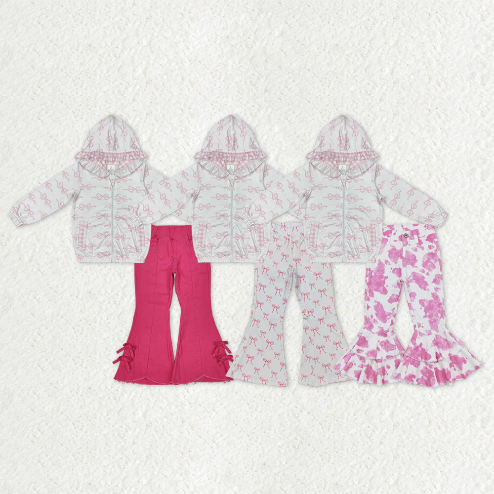 Sibling Baby Girls Pink Bows Zip Pocket Hoodies Jacket Denim Bell Bottom Pants Clothes Sets