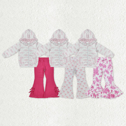 Sibling Baby Girls Pink Bows Zip Pocket Hoodies Jacket Denim Bell Bottom Pants Clothes Sets