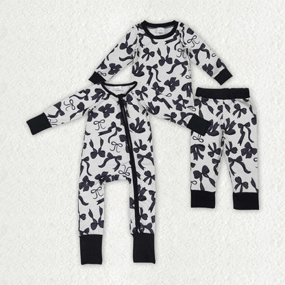 Sibling Baby Girls Long Sleeves Black Bows Rompers Pajamas