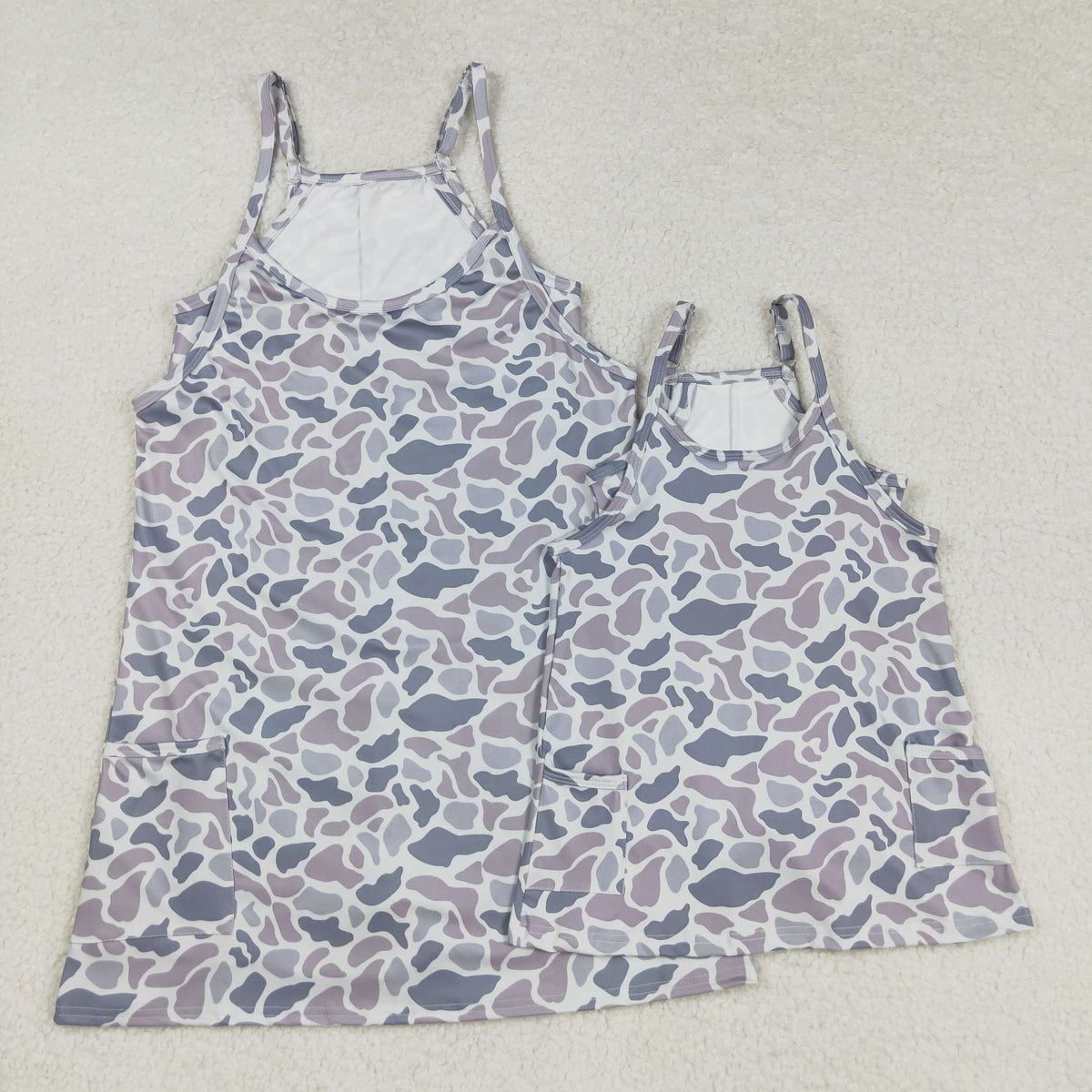 Mama And Me Strap Gray Camo Pockets Yoga Shorts Dresses