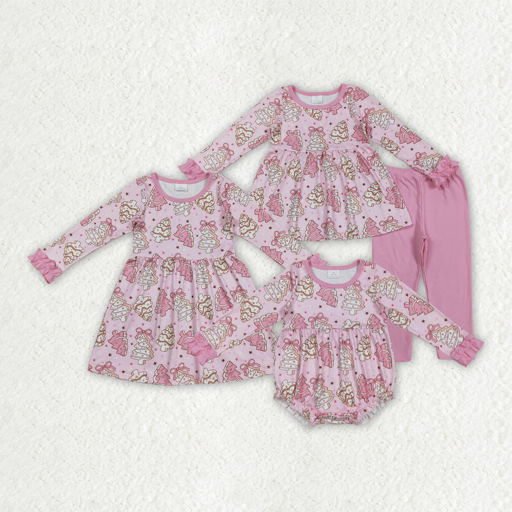 Sibling Baby Girls Pink Bows Stripe Trees Christmas Clothes Sets Rompers Knee Length Dresses