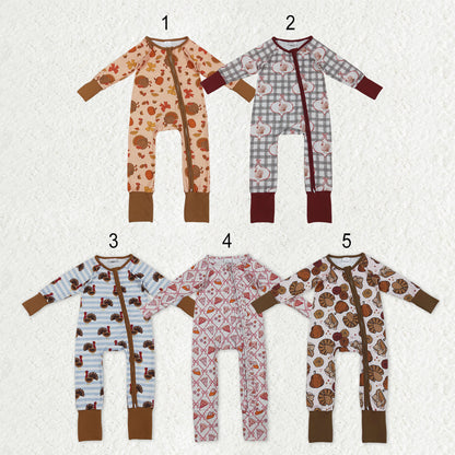 Sibling Baby Kids Turkey Pie Pumpkins Thanksgiving Two Way Zip Convertible Rompers