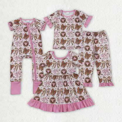Sibling Baby Girls Bows Highland Cows Ruffle Pants Western Pajamas Set Ruffle Dress Zipper Romper