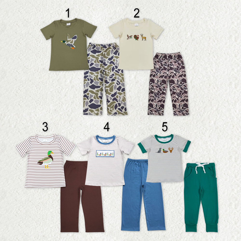 Sibling Baby Boys Short Sleeve Embroidery Ducks Top Camo Pants Hunting Clothes Sets