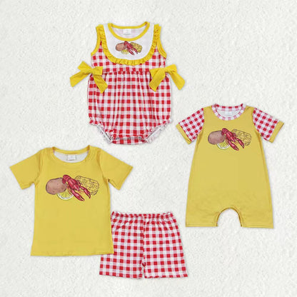 Sibling Baby Boys Girls Crayfishes Top Checked Shorts Clothes Set Rompers