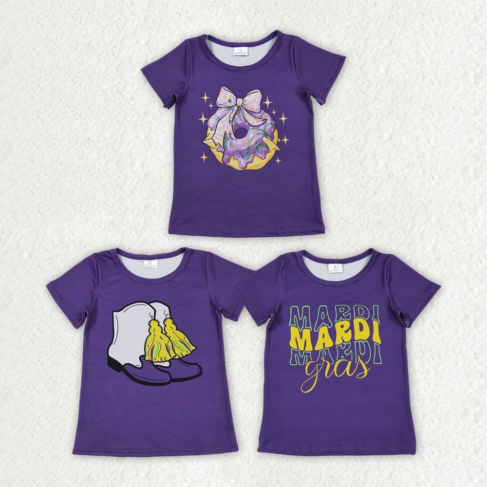 Sibling Baby Girls Purple Short Sleeve Bow Donuts Boots Tassel Mardigras T-shirts Tops