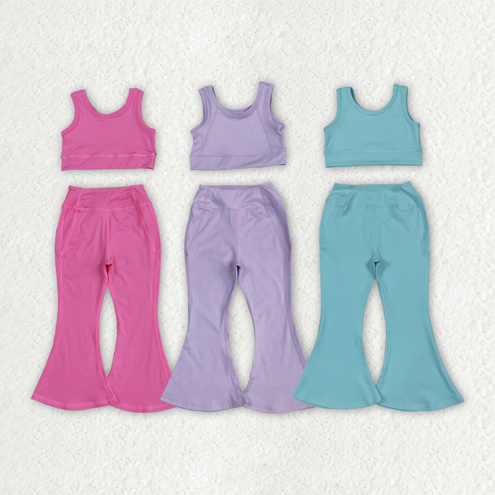 Sibling 3 Colors Baby Girls Yoga Vest Bell Bottom Pants Active Wear Outfits