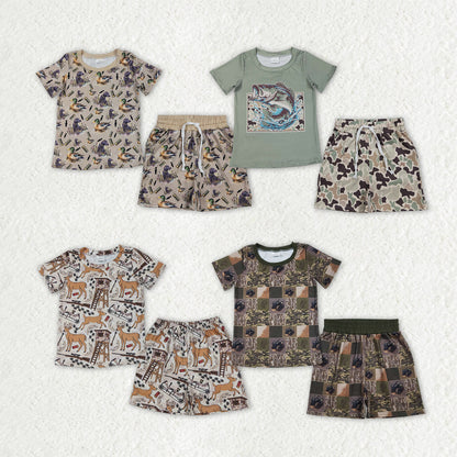 Sibling Baby Boys Deer Ducks Camo Top Pockets Short Hunting Pajamas Clothes Sets