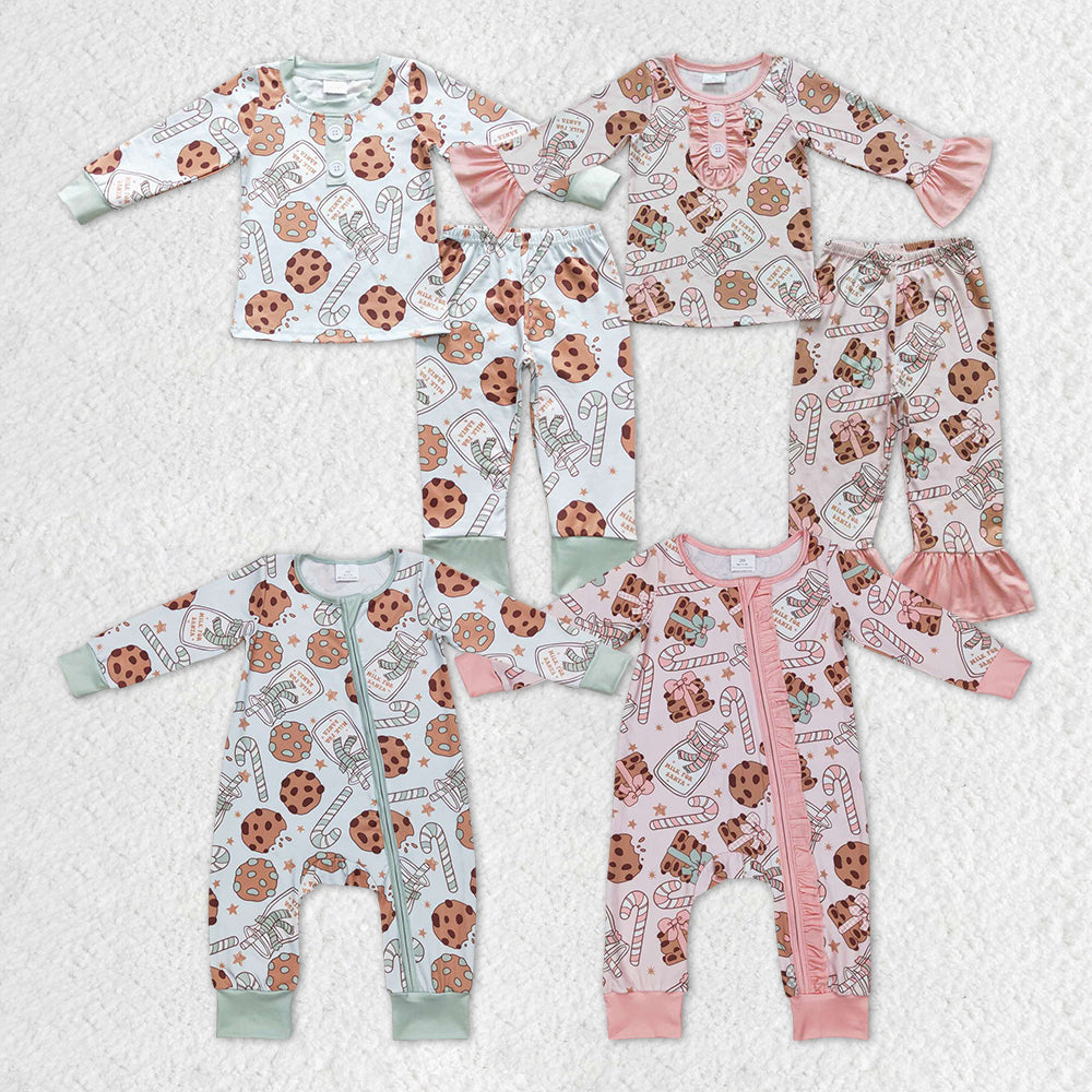 Sibling Baby Kids Cookie Candy Cane Top Pants Christmas Pajamas Sets Zipper Footie Rompers