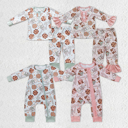 Sibling Baby Kids Cookie Candy Cane Top Pants Christmas Pajamas Sets Zipper Footie Rompers