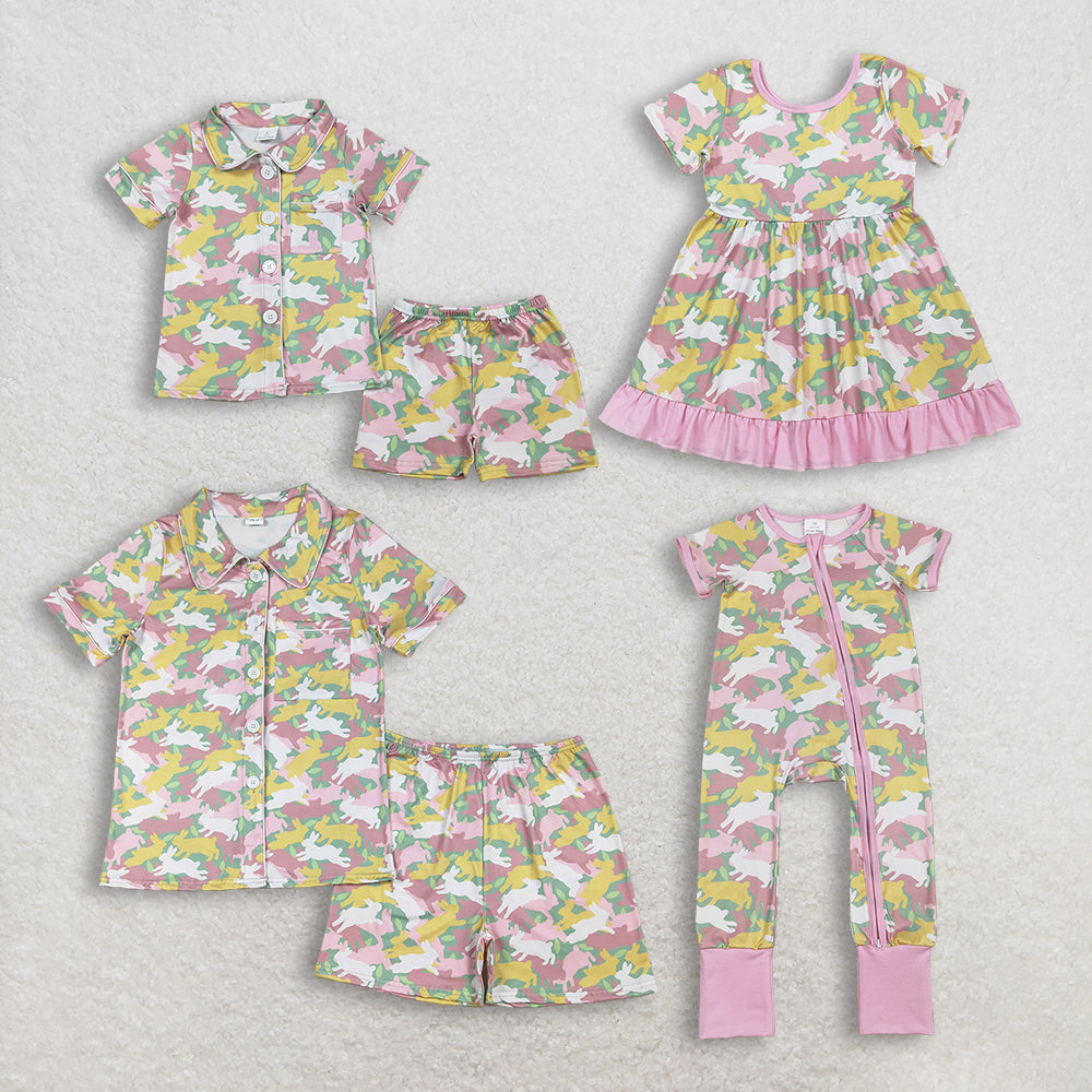Sibling Mama and Girls Camo Rabbits Button Pocket Short Easter Pajamas Set Dress Zipper Rompers