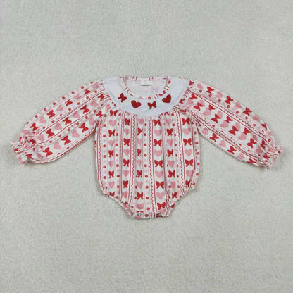 Sibling Embroidery Hearts Bows Baby Girls Valentine Knee Length Dresses Ruffle Rompers