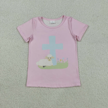 Sibling Baby Girls Short Sleeve Flowers Cross Rabbits Eggs Easter T-shirts Tops