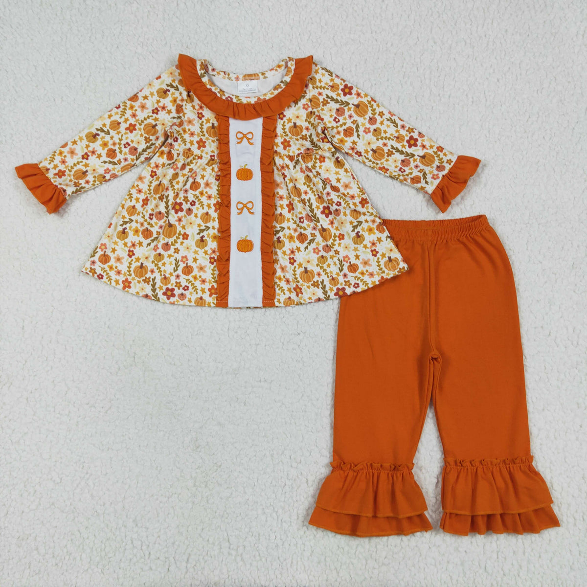 Sibling Embroidery Baby Girls Fall Bows Pumpkins Tunic Pants Set Knee Length Dress Rompers