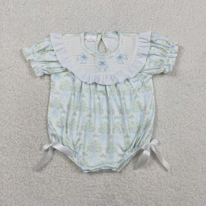 Sibling Smocked Bows Flower Checked Knee Length Dress Ruffle Rompers