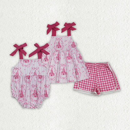Sibling Baby Girls Pink Straps Castles Bows Checked Shorts Clothes Sets Romper