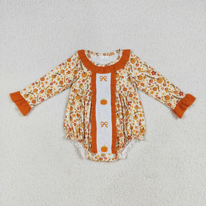 Sibling Embroidery Baby Girls Fall Bows Pumpkins Tunic Pants Set Knee Length Dress Rompers