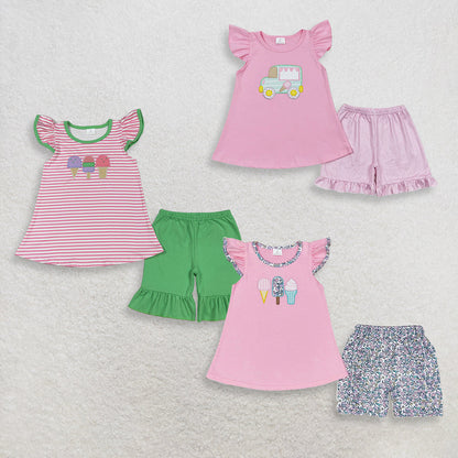 Sibling Baby Girls Flutter Sleeve Embroidery Ice Creams Tunic Ruffle Shorts Clothes Sets