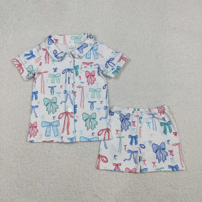 Mama and Me Colorful Bows Pocket Button Top Shorts Pajamas Sets
