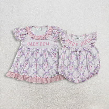 Sibling Baby Girls Baby Doll Flowers Bows Checked Collar Tunic Ruffle Rompers
