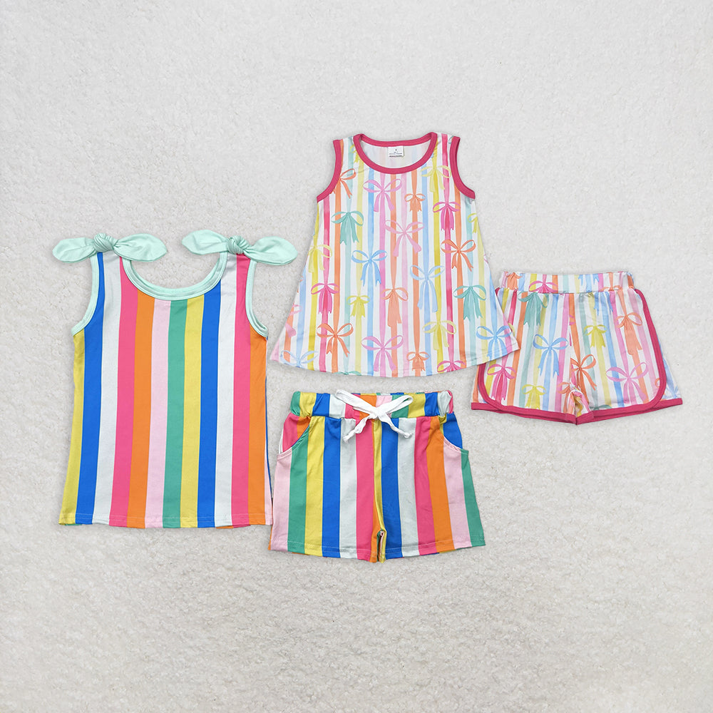 Sibling Baby Girls Sleeveless Colorful Stripe Bows Top Shorts Sets