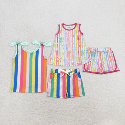 Sibling Baby Girls Sleeveless Colorful Stripe Bows Top Shorts Sets