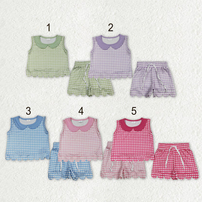 Sibling Baby Girls Short Sleeve Collar Checked Top Pockets Shorts Scallop Clothes Sets