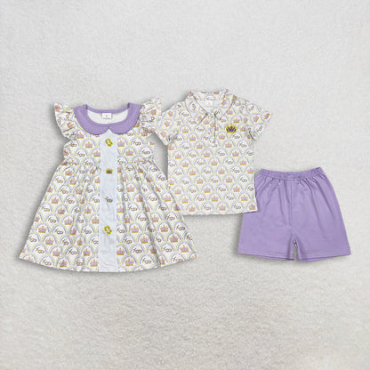 Sibling Baby Boys Girls Mardigras Embroidery Crown Polo Shorts Set Knee Length Dresses